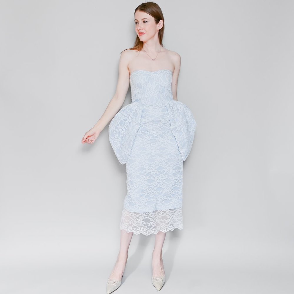 CALVIN LUO Blue Lace Overlay Strapless Peplum Dress M